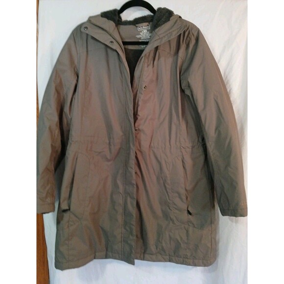 LL Beam New Parka Womens Coat Taupe/Brown Lined Hooded Size Large Brown Fur Hood - Picture 1 of 16